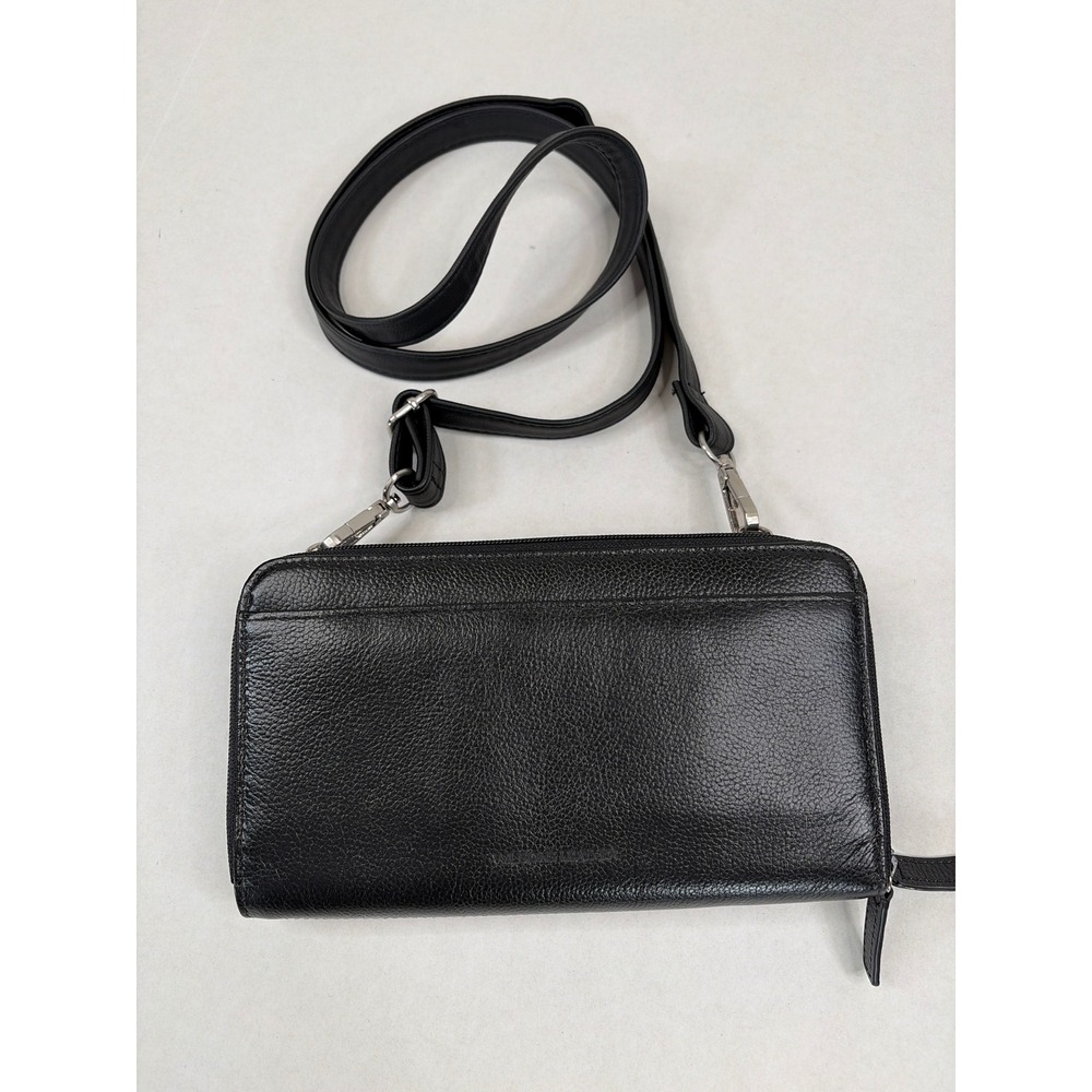 Wilsons Leather Black Pebbled Crossbody Wallet Double Zip Organizer Bag